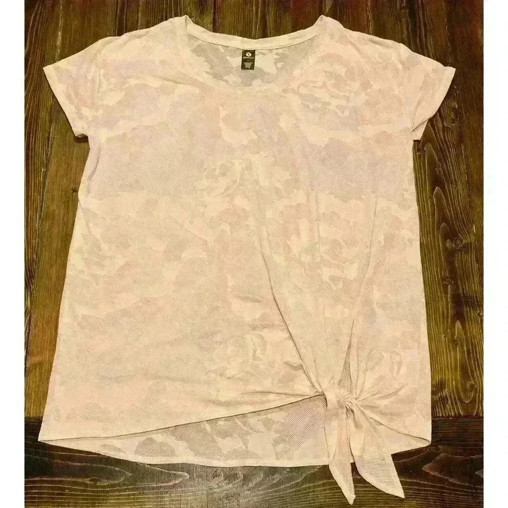 Womens Xersion Sheer Scoop Neck Short Sleeve Top Activewear Sz Large Front Tie